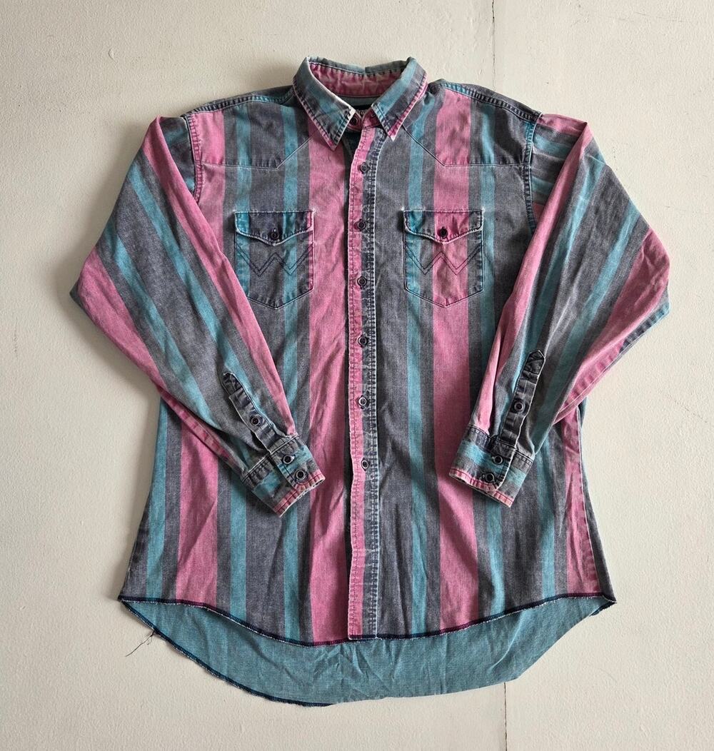 Vintage Wrangler Brush Popper USA Western Shirt Pink Teal Stripe XL 17.5x35